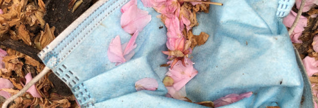 Picture of a discarded medical mask, covered in debris 