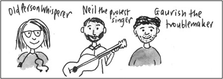 Drawing of Muna Al-Jawad, Neil Singh and Gaurish Chawla