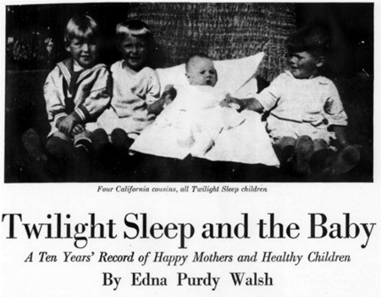 A photograph showing four cousins who were all born with Twilight Sleep, which appeared in Edna Purdy Walsh’s May 1923 McClure’s article “Twilight Sleep and the Baby: A Ten Years’ Record of Happy Mothers and Healthy Children.” Source: Internet Archive: https://archive.org/details/sim_new-mcclures-magazine_1923-05_55_3/page/96/mode/2up.
